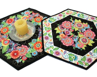 Set of Two Rainbow Flight Floral Table Toppers, Hexagon Candle Mat Flower Quilts, Handmade Patchwork Quilts