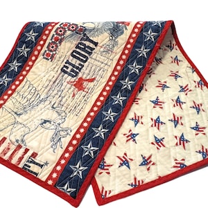 Patriotic Eagle Table Runner Quilt, Red White and Blue Strips, Quilted Handmade Patchwork