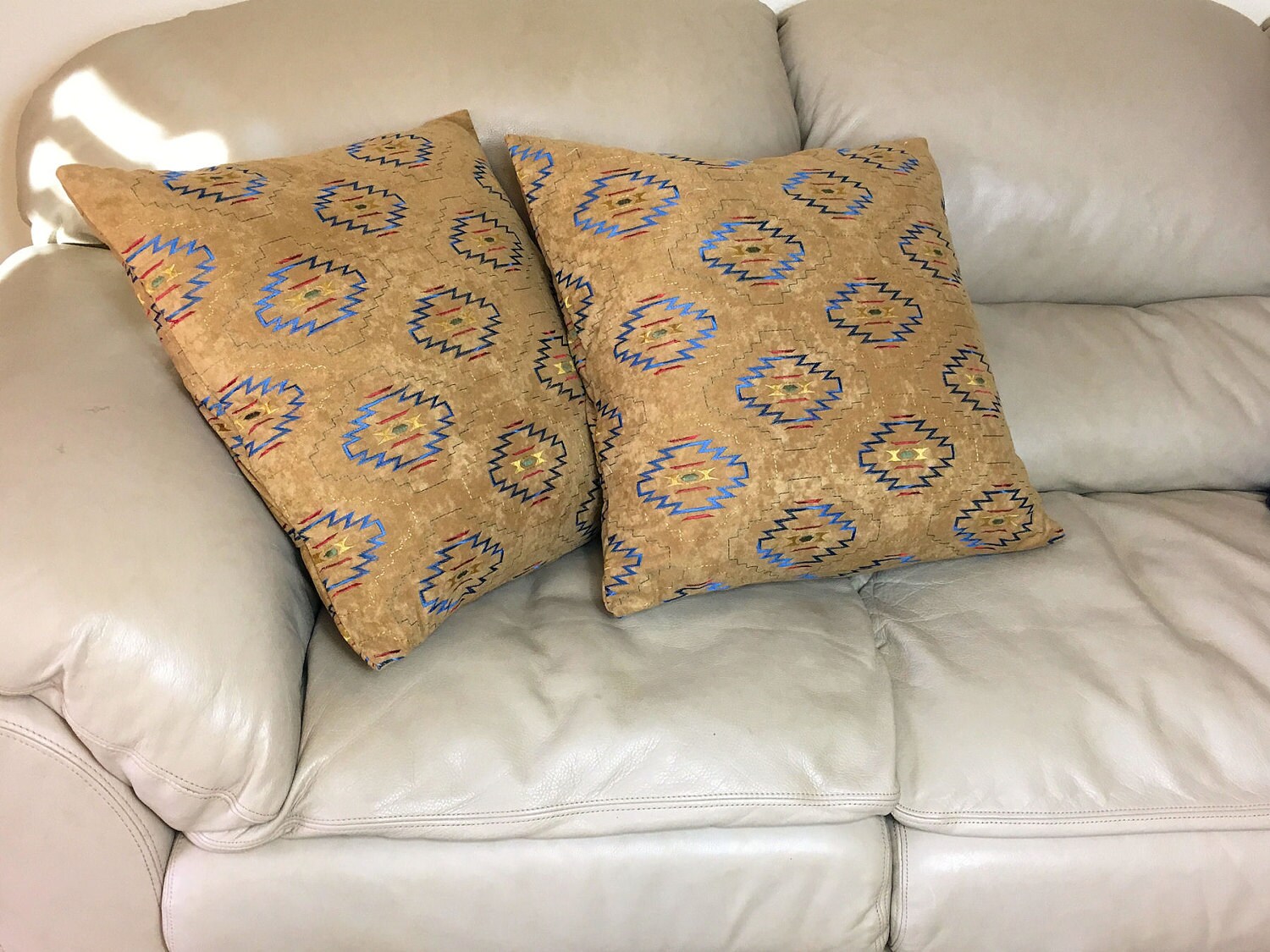 Geometric Southwest Throw Pillow Cover Tan and Blue Faux Etsy