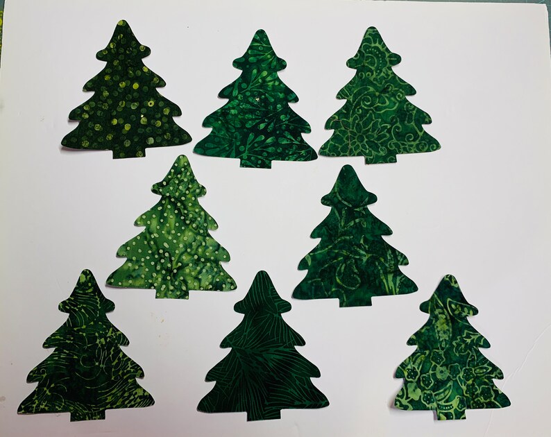 Five Fabric Pine Trees Applique Iron-Ons, Batik Christmas Trees or Winter Decor Sold in Sets of 5 ASSORTED pieces image 2