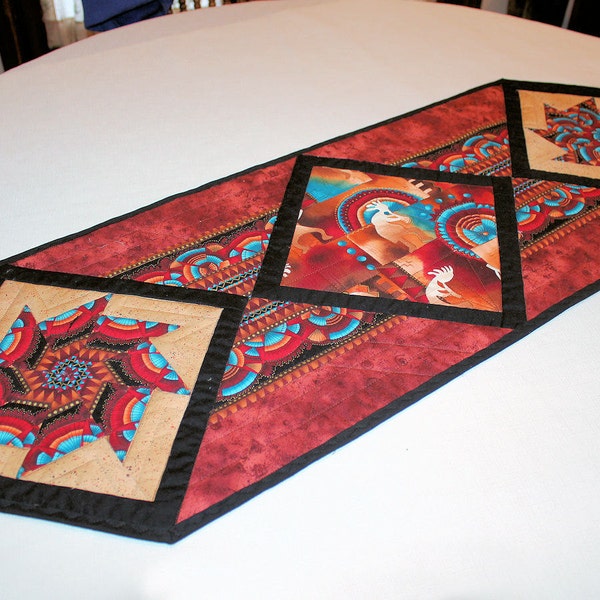 Southwest Quilted Table Runner  in Rust, Black and Tan, Geometric, Native American Indian Kokopellis, Western Table Decor Masculine, Cotton