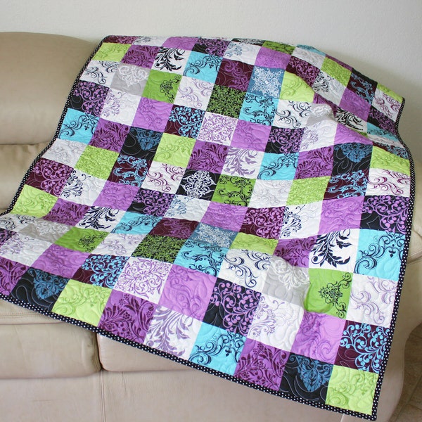 Quilted Throw for Spring and Easter in Radiant Orchid, Spring Green, Aqua Blue - City Block fabric by Kitty Yoshida, Sofa Throw, Lap Quilt