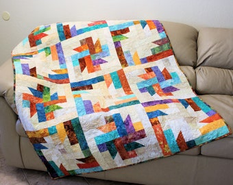 Batik Quilted Sofa Throw, Southwest Handmade Patchwork Lap Quilt, Beige, Brown, Blue, Rust