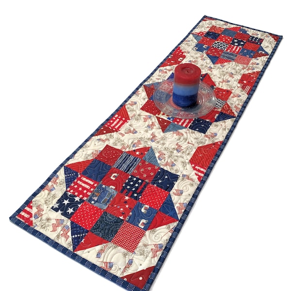 Quilted Table Runner in Red White and Blue, Patriotic Table Runner Quilt with Flags Background, Handmade Patchwork Quilt for 4th of July