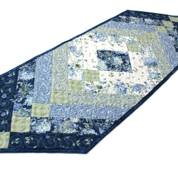 Blue and Green Floral French Braid Style Quilted Table Runner,  Handmade Cottagecore Patchwork Quilt