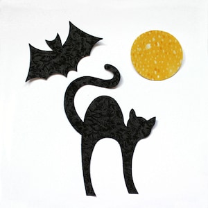 May include: A Halloween-themed image featuring a black cat with an arched back, a bat, and a yellow circle resembling a moon. The cat and bat have a textured pattern. The elements are arranged on a white background, creating a festive scene.