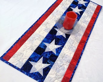 Patriotic Table Runner Quilt, Stars and Stripes Red, White and Blue Quilted Table Runner