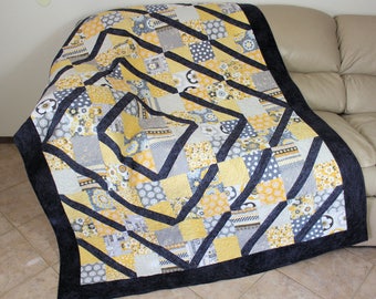 Gray and Yellow Lap Quilt, Crazy for Daisies Split Four Patch Quilted Sofa Throw, Asymmetrical Handmade Patchwork Quilt