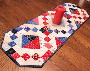 Scrappy Patriotic Quilted Table Runner - Red, White and Blue Country Rustic Table Runner, Handmade Patchwork Quilt