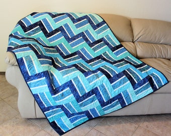 Quilted Sofa Throw, Blue and White Lap Quilt, Rail Fence Handmade Patchwork Quilt, 49 x 62"