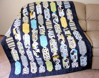 Modern Lap Quilt, Quilted Sofa Throw - "Paper Lanterns" Blue, Green, Yellow Throw Quilt, Handmade Patchwork Quilt