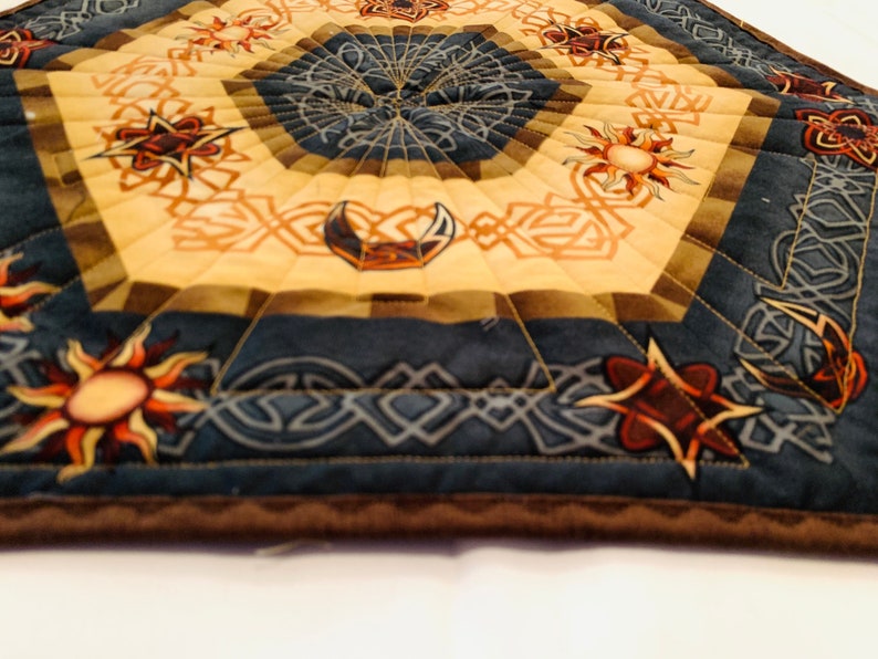 Set of Two Southwestern Quilted Table Toppers in Brown and Blue, Hexagon Southwest Handmade Patchwork Quilts image 5