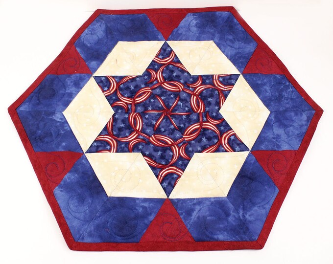 Hexagon Patriotic Star Table Runner Quilt or Candle Mat, Red White and ...