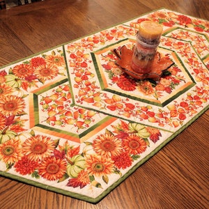 Autumn Flowers Table Runner Quilt, Orange and Green Fall Quilted Table Runner, Handmade Patchwork Quilt