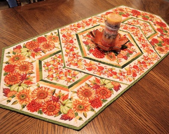 Autumn Flowers Table Runner Quilt, Orange and Green Fall Quilted Table Runner, Handmade Patchwork Quilt