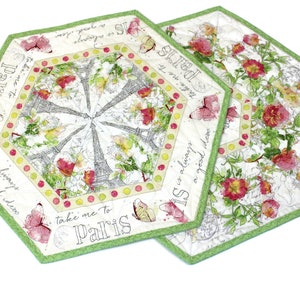 Set of TWO Paris Hexagon Table Topper Quilts with Eiffel Tower and Flowers, Pastel Handmade Patchwork Quilt