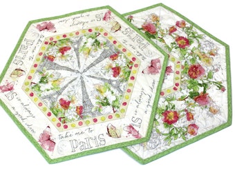 Set of TWO Paris Hexagon Table Topper Quilts with Eiffel Tower and Flowers, Pastel Handmade Patchwork Quilt