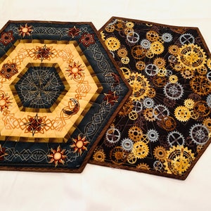 Set of Two Southwestern Quilted Table Toppers in Brown and Blue, Hexagon Southwest Handmade Patchwork Quilts image 8