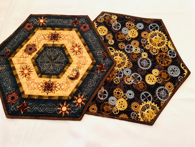 Set of Two Southwestern Quilted Table Toppers in Brown and Blue, Hexagon Southwest Handmade Patchwork Quilts image 8