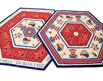 One Quilted Patriotic Table Topper Quilt, Hexagon Quilted Candle Mat, Red White and Blue Stars, 4th of July, Hand made Patchwork