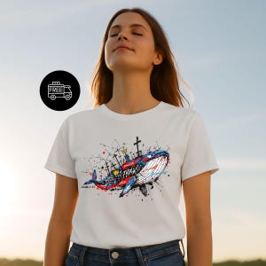 Graffiti Faith Based Whale Tee, Streetwear Shirt, Spiritual Whale Shirt, Surrender to Faith, Urban Art Jonah Shirt, Spiritual Crosses Shirt