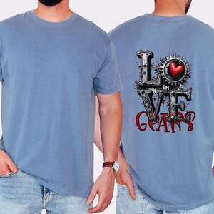 Love in Gears T-Shirt, Steampunk Valentine&#39;s Tee, Industrial Heart Shirt, Edgy Valentine&#39;s Day Top, Mechanic V-Day Gift, Gifts for Him Tee