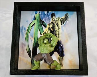 Caja de sombras de madera de Hulk: decoración de superhéroes