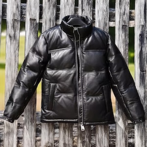 Men&#39;s Black Leather Puffer Jacket - Stylish Winter Coat