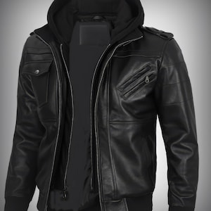Men&#39;s Black Real Leather Jacket with Removable Hood – Premium Stylish Outerwear