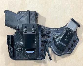 Fondina Smith and Wesson M&P Shield 9 mm Hybrid, predisposta per ottiche, per porto interno/esterno, con porta caricatore e sistema Modwing/Claw (per destrorsi)