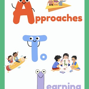 Op de afbeelding: Educatieve poster met de woorden "Approaches To Learning". De letters A, T en L zijn antropomorf met lachende gezichten. Kinderen worden afgebeeld tijdens het spelen en leren, met een potlood en een papieren vliegtuig.