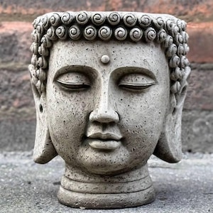 Planter Buddha head sculpture Stone buddha figurine Concrete Japanese buddha ornament Flower pot decoration Zen garden statue Farm art Gift