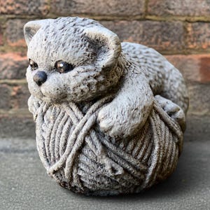 Stone kitty sculpture Concrete cat with ball statue Outdoor playful kitten figurine Cement pet ornament Garden decoration Front door statue