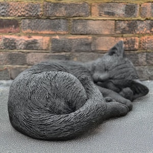 Outdoor black cat sculpture Concrete curled kitten statue Stone kitty figurine Cement pet ornament Sleeping cat decoration Kitty lover gift