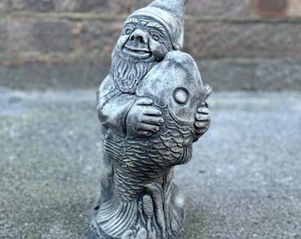 Stone gnome with fish figurine Concrete fishing gnome sculpture Farmer decoration Outdoor fisherman figurine Garden yard ornament Lover gift
