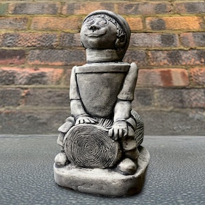 Stone boy on log statue Concrete boy sculpture Cement man figurine Outdoor spaces ornament Man lover gift Front door decoration Lover gift