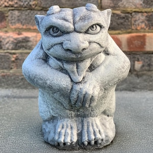 Concrete gargoyle sculpture Stone gargoyle with a tongue figurine Cement guardian statue Outdoor gothic decor Stone garden ornament Yard art