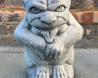Concrete gargoyle sculpture Stone gargoyle with a tongue figurine Cement guardian statue Outdoor gothic decor Stone garden ornament Yard art