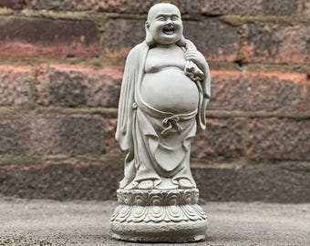 Smiling buddha figurine Concrete happy buddha statue Outdoor Chinese buddha sculpture Cement Japanese decor Zen garden and home ornament