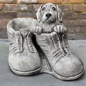 Stone puppy in shoe statue Outdoor dog figurine Cement dog decor Concrete dog ornament Animal sculpture Garden decoration Pet lover gift
