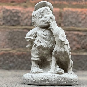 Handmade boy with lovely dog statue Concrete children figurine Cement puppy with child statue Outdoor memorial boy decoration Stone pet gift