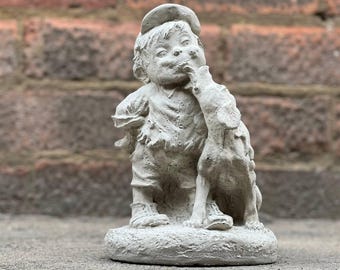 Handmade boy with lovely dog statue Concrete children figurine Cement puppy with child statue Outdoor memorial boy decoration Stone pet gift