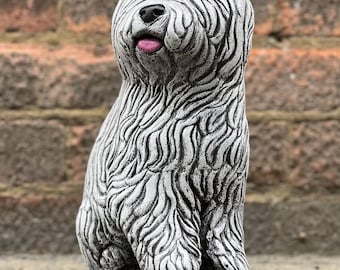 Concrete old English sheepdog statue Handcrafted dog figurine Garden cement sheepdog sculpture Outdoor pet memorial decor Dog art lover gift