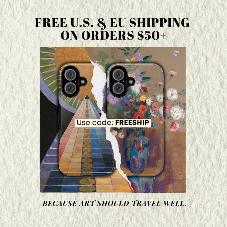 The image is an advertisement for a product that offers free shipping on orders of $50 or more. The product is a phone case with a colorful floral design.