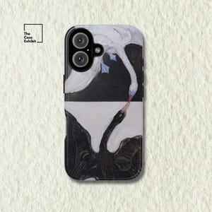 May include: A black and white phone case with a painting of two swans. The swans are facing each other, one is white and the other is black. The case has a camera cutout and a black border.
