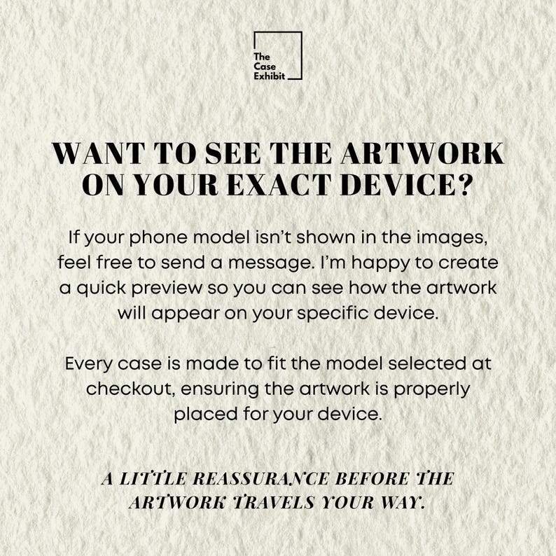 The image is a text-based advertisement for an art exhibition, featuring a message encouraging viewers to see the artwork on their specific devices.
