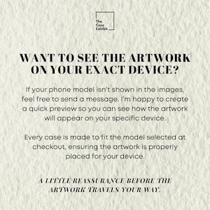 The image is a text-based advertisement for an art exhibition, featuring a message encouraging viewers to see the artwork on their specific devices.