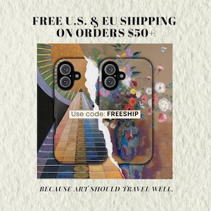 The image is an advertisement for a product that offers free shipping on orders of $50 or more. The product is a phone case with a colorful floral design.