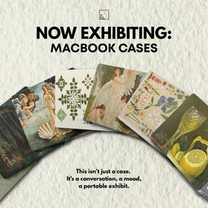 The image is an advertisement for MacBook cases, featuring various artistic and nature-inspired designs on the cases.