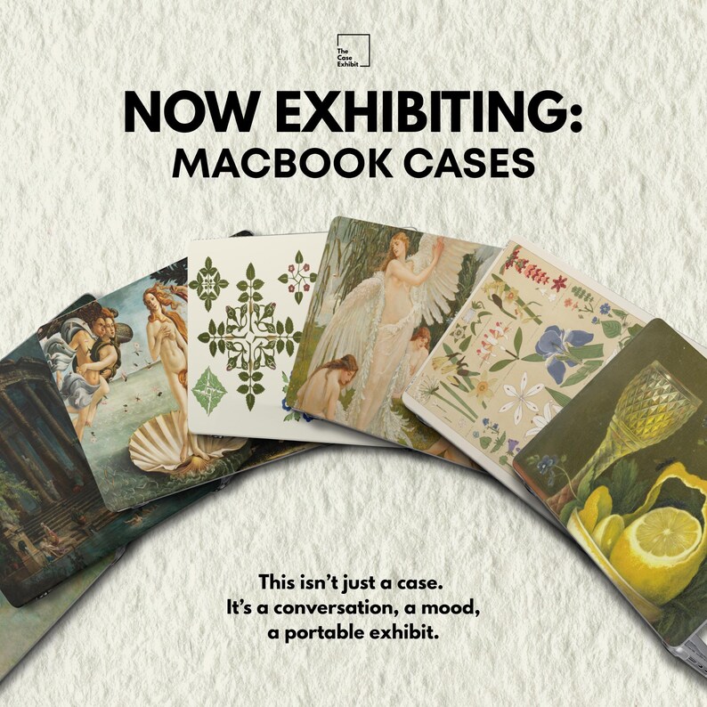 The image is an advertisement for MacBook cases, featuring various artistic and nature-inspired designs on the cases.